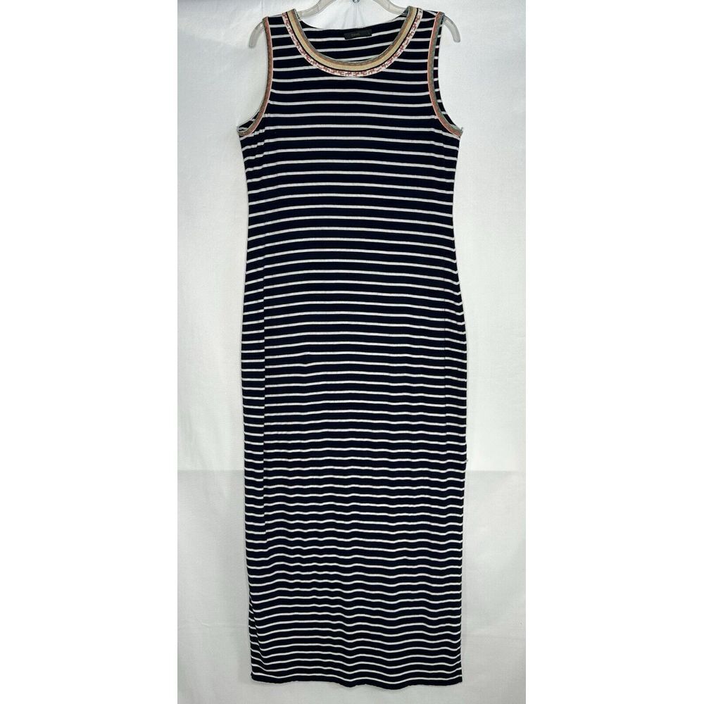 THML Maxi Dress Navy White Stripped Embroidery Detail Side Slit Boho Beachy Sz L